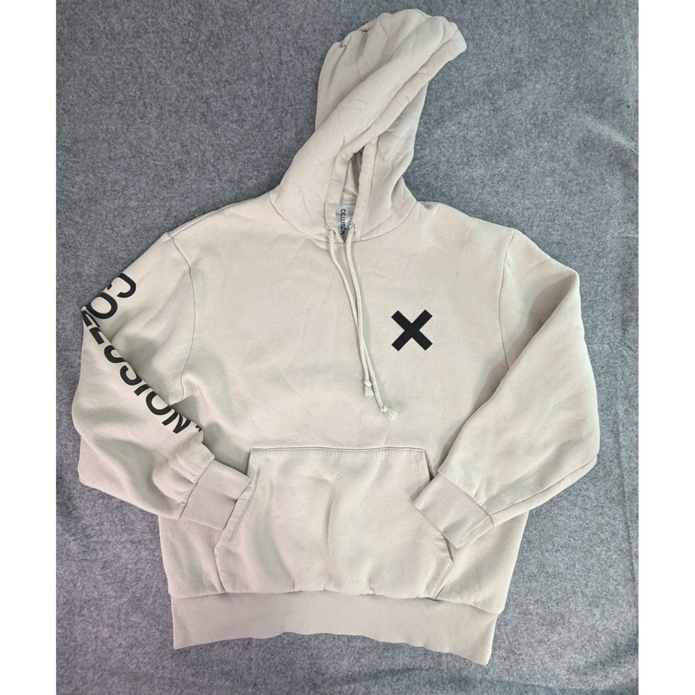 COLLUSION Beige Cotton Blend Hoodie Long‎ Sleeve Pullover Graphic Print XL